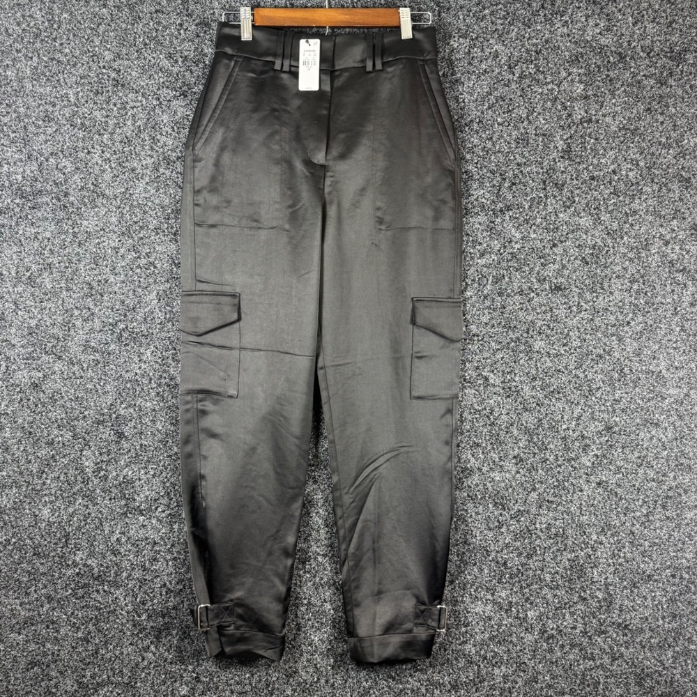Express Black Satin High‎ Waisted Cargo Pants Ankle Buckle Tapered Size 2R NEW